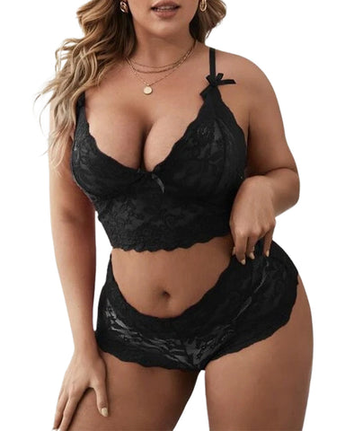 Plus Size Lace Embroidered Mesh Lingerie Set – Sexy See-Through Sleepwear