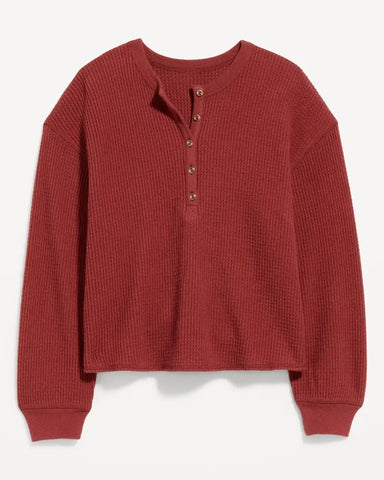 Women's Relaxed Waffle Knit Long Sleeve Henley Top