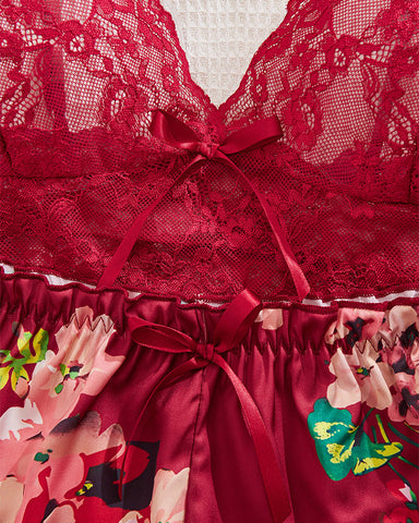 Classic Sexy Floral Lace Bralette with Satin Shorts