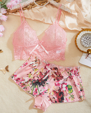 Classic Sexy Floral Lace Bralette with Satin Shorts