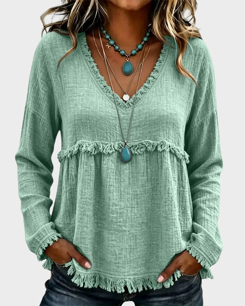 Boho V-Neck Fringe Babydoll Blouse