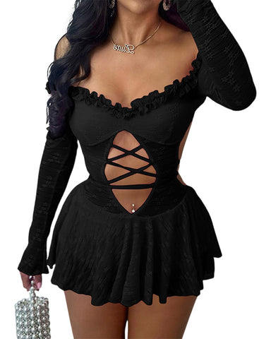 Sexy Off-Shoulder Lace Mini Dress – Backless Hollow-Out Solid Color Design