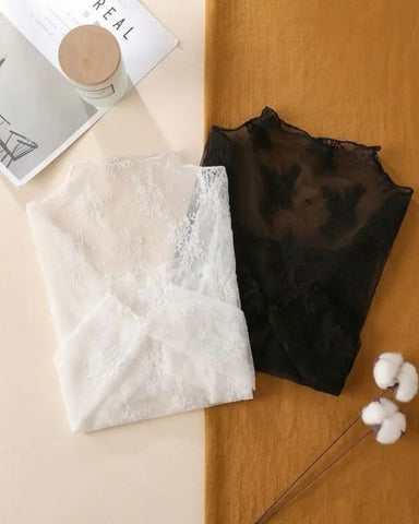 Floral Lace Mesh Long-Sleeve Layering Top