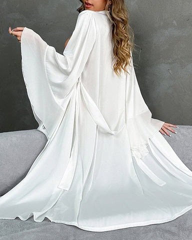 Long-Sleeved Patchwork Chiffon Robe with Ruffle Details
