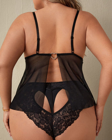 Sexy Plus Size Sheer Lace Cami Dress & Heart Panty Set