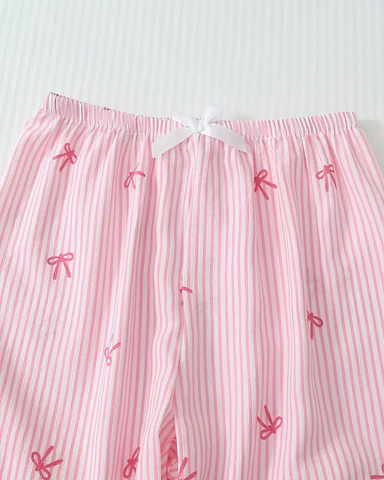 Striped Bow Print Long Sleeve Pajama Set