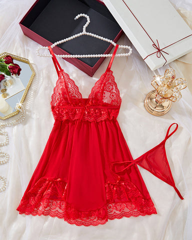 Sexy Lace Suspender Nightdress – Semi-Transparent with Irregular Hem