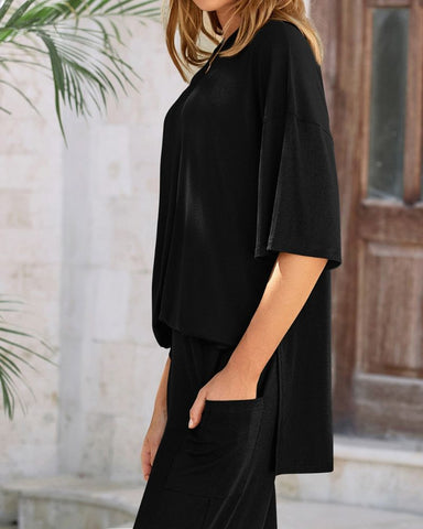 Relaxed Split-Hem Top & Wide-Leg Pants Set