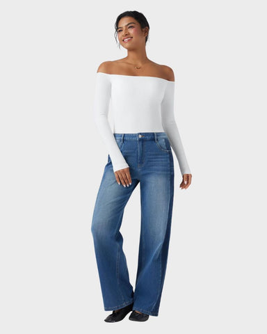 Ribbed Off-Shoulder Built-In Bra Long Sleeve Top