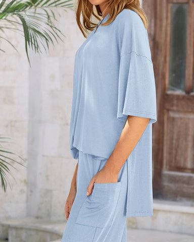 Relaxed Split-Hem Top & Wide-Leg Pants Set
