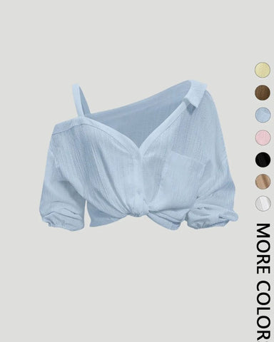 Asymmetric Cold-Shoulder Button-Down Blouse
