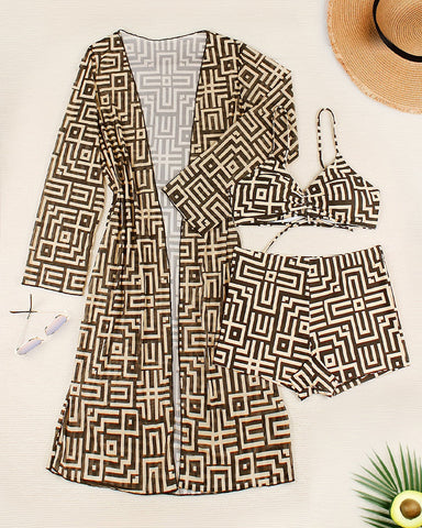 Women’s 3-Piece Swimsuit Set – Gathered Bikini Top, High-Waist Bottom & Beach Cover-Up