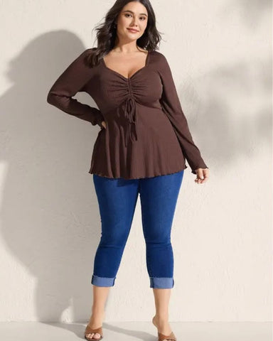 Plus Size Ribbed Drawstring Babydoll Flare-Sleeve Top