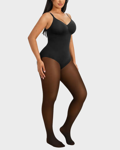 Fleece-Lined Sheer-Effect Tummy Control Tights Bodysuit