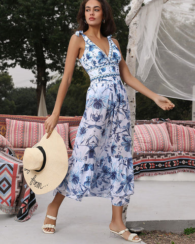 Shapecurve® V Neck Lace Up Strip Plant Prints One Piece Swimsuit and Skirt/Sarong