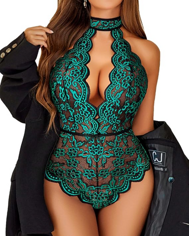 Plus Size Lace Teddy – Halter Crotchless Bodysuit for Curves