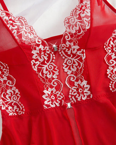 Sexy Semi-Transparent Mesh Nightgown with Front Buttons & Lace Suspender