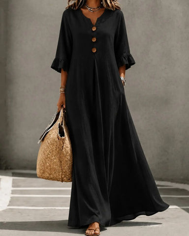 Boho Aesthetic Solid V-Neck A-Line Maxi Dress