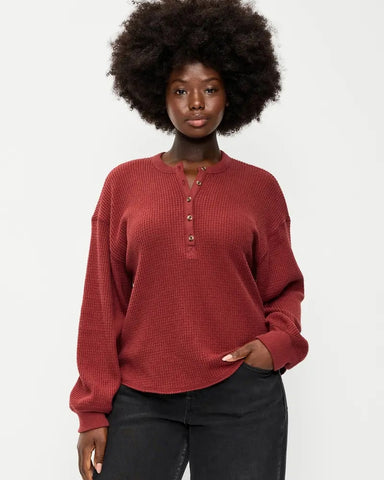 Women's Relaxed Waffle Knit Long Sleeve Henley Top