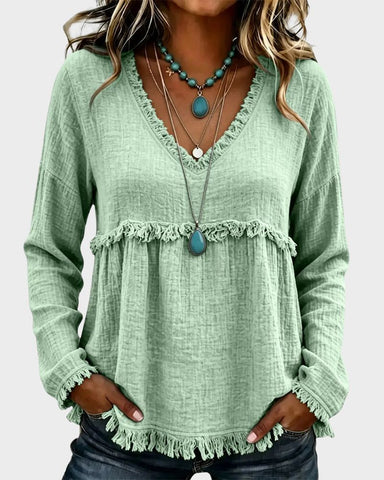 Boho V-Neck Fringe Babydoll Blouse