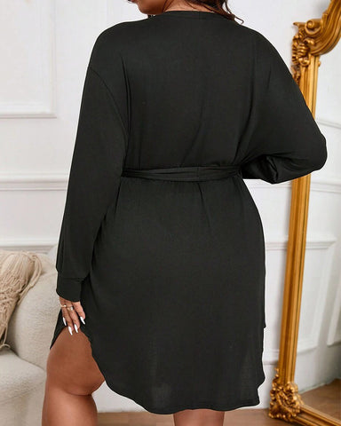 Women’s Plus Size Knit Long Sleeve Robe – Cozy Belted Loungewear