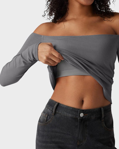 Ribbed Off-Shoulder Built-In Bra Long Sleeve Top