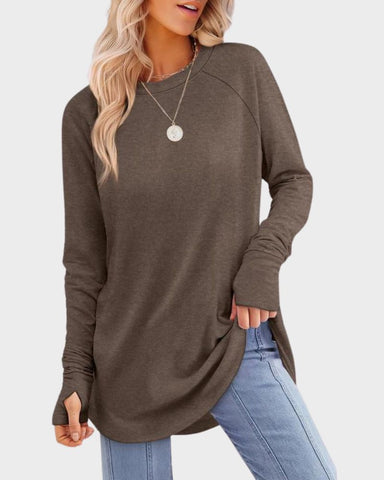 Long Sleeve Thumbhole Tunic Top with Curved Hem