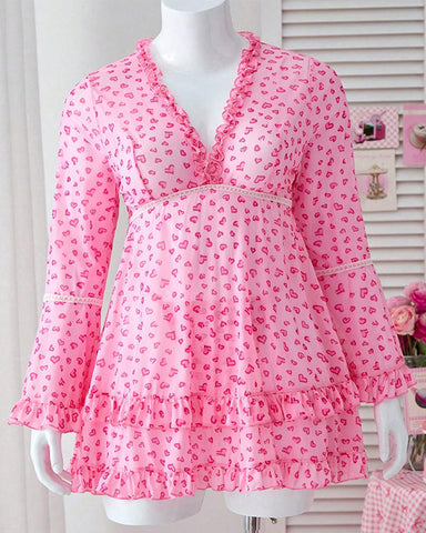 Plus Size Pink Heart Print Mesh Lace Cami Nightdress Set with Panty
