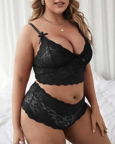 Plus Size Lace Embroidered Mesh Lingerie Set – Sexy See-Through Sleepwear