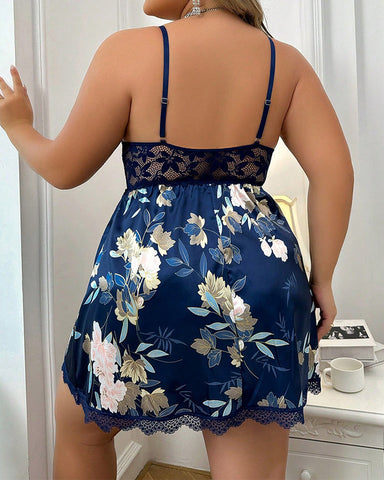Plus Size Lace Embroidered Floral Sheer Nightdress Set with Thong