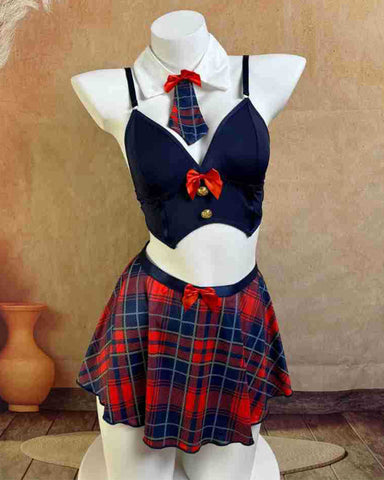 Sexy Student Uniform Lingerie Set with Plaid Tie & A-Line Skirt