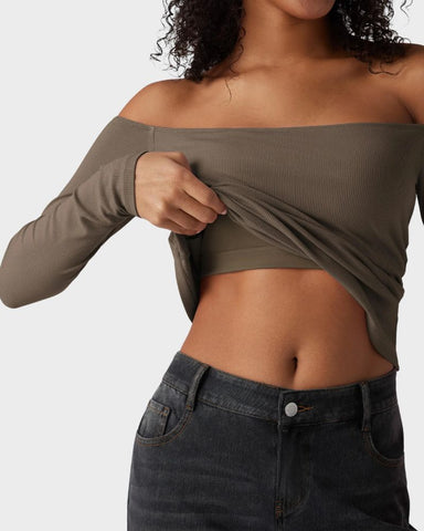 Ribbed Off-Shoulder Built-In Bra Long Sleeve Top