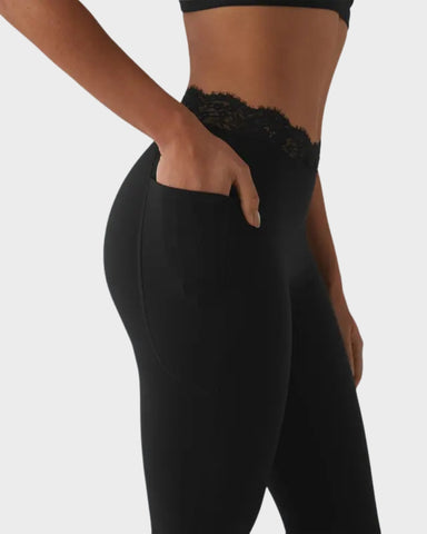 V-Waist Lace Flare Leggings with Pockets