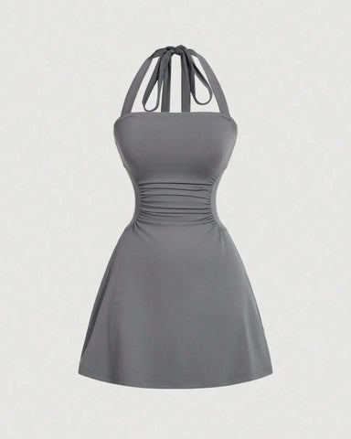 Ruched Tie-Back Halter A-Line Dress
