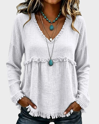 Boho V-Neck Fringe Babydoll Blouse