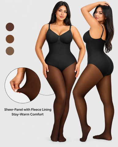 Fleece-Lined Sheer-Effect Tummy Control Tights Bodysuit