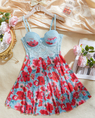 Women's Lace Underwire Floral Babydoll Nightgown Flowy Lingerie