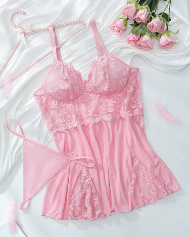 Sexy Plus Size Lace & Mesh Slit Slip Dress with G-String