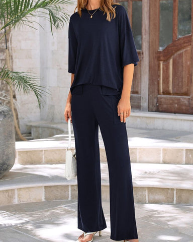 Relaxed Split-Hem Top & Wide-Leg Pants Set