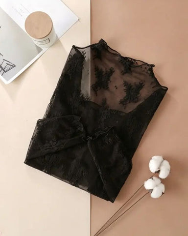 Floral Lace Mesh Long-Sleeve Layering Top
