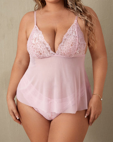 Sexy Plus Size Sheer Lace Cami Dress & Heart Panty Set