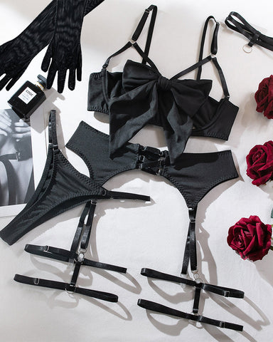 Women's Sexy Hollow Bowknot Strap Lingerie Set