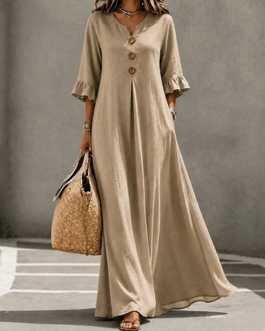 Boho Aesthetic Solid V-Neck A-Line Maxi Dress