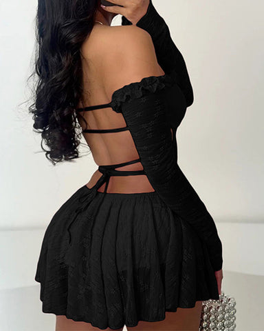 Sexy Off-Shoulder Lace Mini Dress – Backless Hollow-Out Solid Color Design