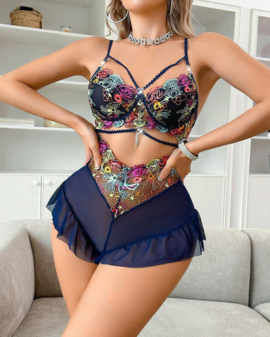 Sexy Plus Size Sheer Mesh Embroidered Lace Bodysuit Lingerie