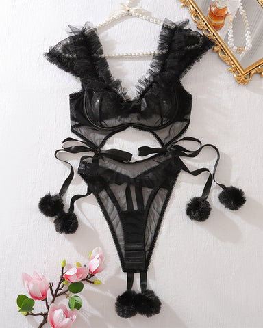 Sexy Wild Cat Lady Cosplay Lingerie – Black Mesh Plush Sleepwear Set