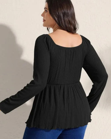 Plus Size Ribbed Drawstring Babydoll Flare-Sleeve Top