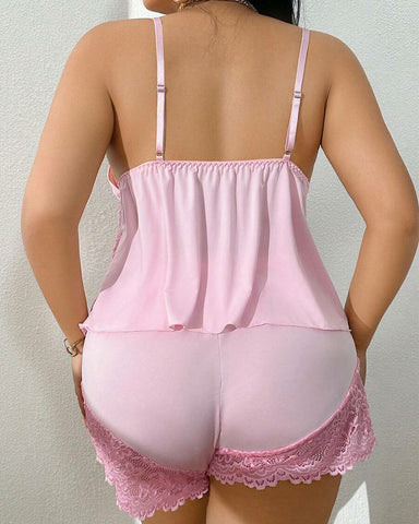 Plus Size Lace Satin Cami Pajama Set – Sexy Two-Piece Sleepwear for Women