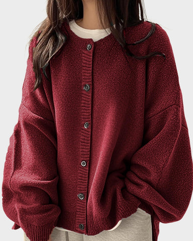 Relaxed Solid-Color Button-Front Knit Cardigan