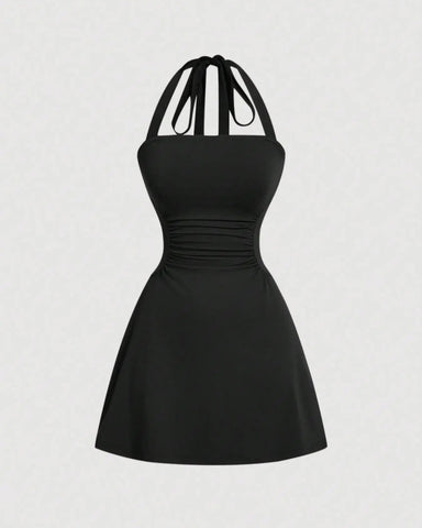 Ruched Tie-Back Halter A-Line Dress